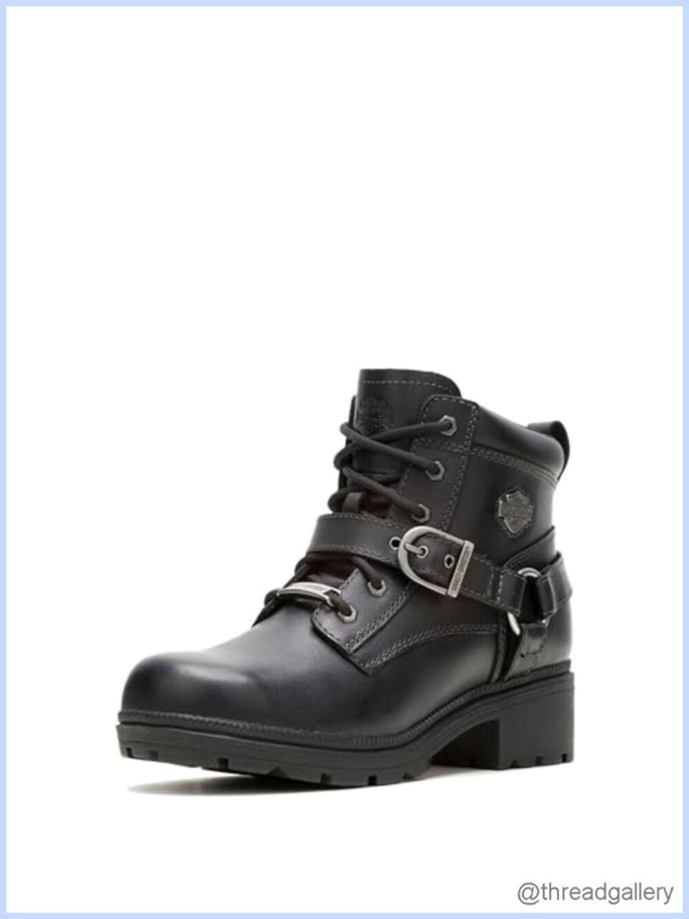 Full-Grain Leather Ankle Boots Harness Buckle Lace-Up Side Zip